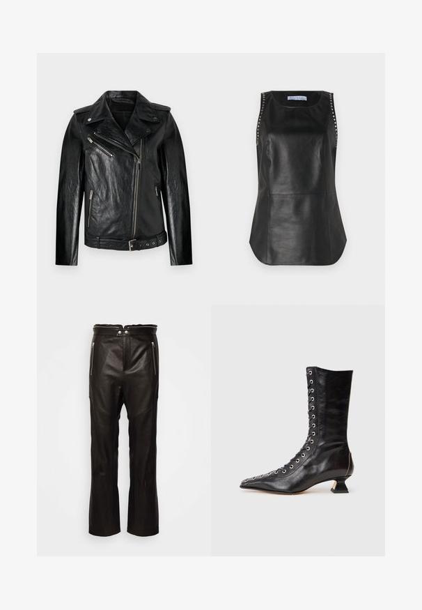 Schwarze Leder-Motorradjacke mit taillierter Passform, diagonaler Reißverschlussfront und silbernen Hardware-Akzenten. Verfügt über eine taillierbare Taille und eine strukturierte Oberfläche.; Schwarzes Leder-Oberteil ohne Ärmel mit glatter Textur, verziert mit Metallnieten entlang der Schultern und einem abgerundeten Saum.; rag & bone SEDONA MOTO PANT - Lederhose - black; Schwarze Leder-Ankle-Boots mit spitzer Zehenpartie, vorderer Schnürung, Metalleyelets, niedrigem Blockabsatz und einem schlanken Design. Glatte Textur, moderne Silhouette.