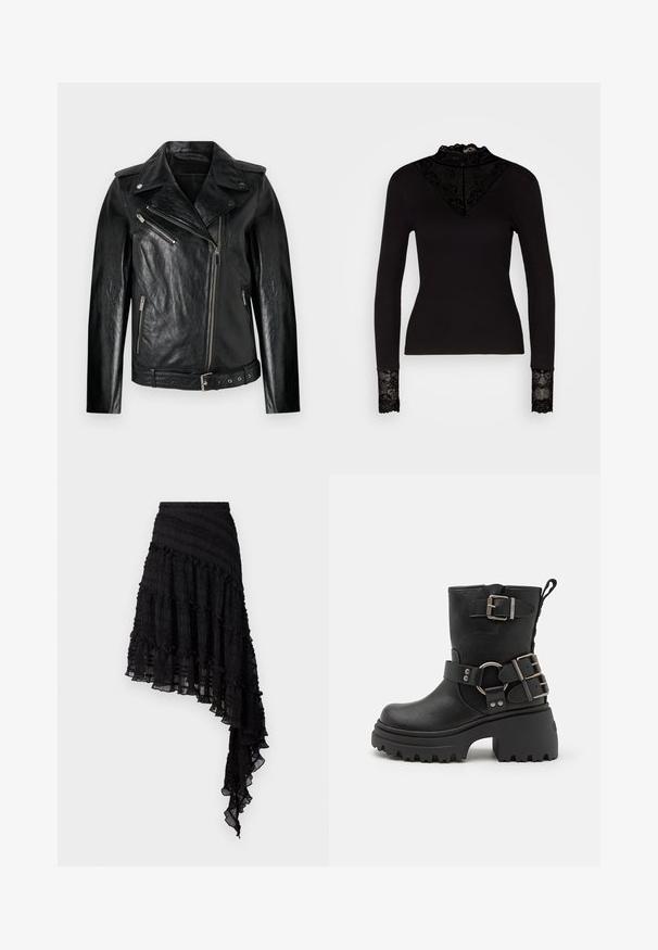 Zwarte leren motorjack met een getailleerd ontwerp, diagonale ritsclosure en zilveren hardwareaccenten. Voorzien van een ceintuur in de taille en een gestructureerde afwerking.; Vero Moda VMELLA HIGH NECK - Longsleeve - black; Zwarte asymmetrische rok met textuurplooien, gelaagde ruches en een smocktailleband. Lichtgewicht stof met een doorschijnende afwerking.; Zwarte leren enkellaars met een robuuste zool, gespsluiting en bandaccenten, en een gestructureerde afwerking. Voorzien van een trekstrip voor eenvoudig aan- en uittrekken.