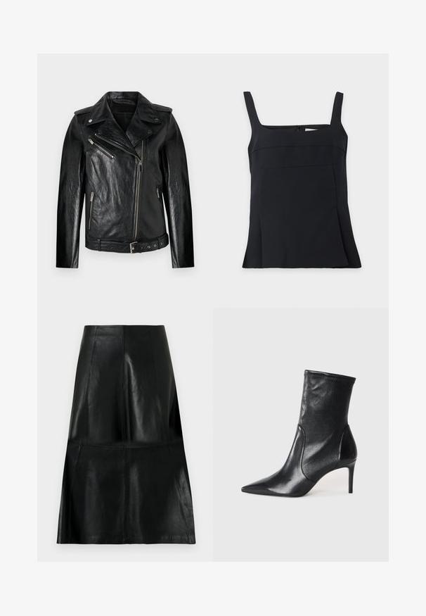 Veste de moto en cuir noir avec une coupe ajustée, fermeture éclair diagonale et accents en métal argenté. Dotée d'une taille ceinturée et d'une finition texturée.; Débardeur noir sans manches à encolure carrée avec larges bretelles et ourlet légèrement évasé, présenté sur un fond clair uni.; Jupe en cuir noire longueur genou avec des coutures de panneaux verticales et horizontales, légèrement évasée au bas.; Bottes noires à la cheville en cuir lisse, dotées d'un bout pointu, d'un tige ajustée et d'un talon haut fin. Design minimaliste sans quincaillerie visible.