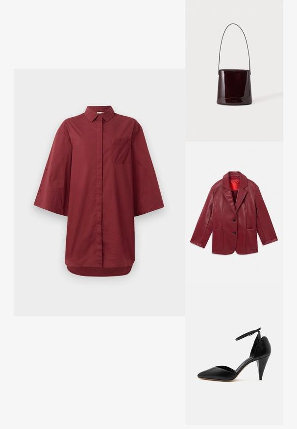Blazer de imitación cuero rojo con solapas, dos bolsillos frontales y dos botones negros. Forrado con un interior rojo en contraste.; Camisa burdeos de gran tamaño con cuello tipo polo, mangas anchas y cortas, un bolsillo en el pecho y dobladillo curvado. Fabricada en suave tela de algodón.; Zapato negro de tacón alto con punta puntiaguda, correa en el tobillo y tacón cónico sobre fondo blanco.; Bolso tipo cubo marrón oscuro y brillante con una correa larga y delgada y costuras mínimas visibles sobre un fondo claro.