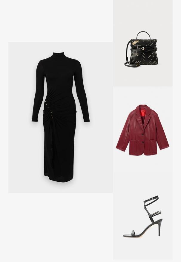 Rød faux læder blazer med notch krave, to forlommer og to sorte knapper. Foret med en kontrasterende rød inderside.; Sort midi-kjole med lange ærmer og høj halsudskæring, sidelægninger, gulddetaljer med knapper og to frynser hængende fra taljen.; Sort højhælet sandal med tynd ankelrem, midtfodsrem dekoreret med sølvkædeled og åben tå-design.; Sort læderhåndtaske med geometrisk hvid syning, en top-håndtag og en aftagelig skulderrem. Har guld accenter og lynlås lukning.