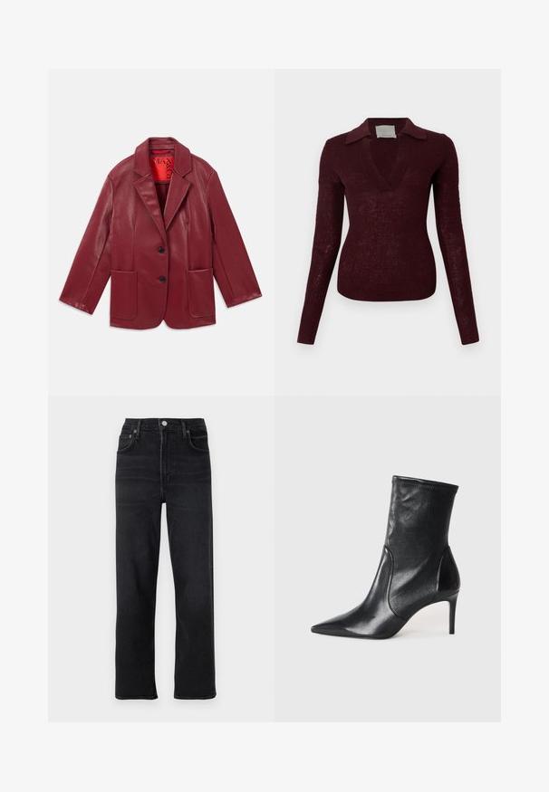 Blazer de imitación cuero rojo con solapas, dos bolsillos frontales y dos botones negros. Forrado con un interior rojo en contraste.; Suéter de punto de manga larga en borgoña intenso con un escote en V amplio y cuello plano, silueta ajustada sobre un fondo blanco.; Jeans negros de pierna recta hechos de denim. Presenta cinco bolsillos, un cierre con botón y cremallera, y detalles de costura sutiles.; Botas negras hasta el tobillo hechas de cuero suave, con punta afilada, caña ajustada y tacón alto delgado. Diseño minimalista sin herrajes visibles.