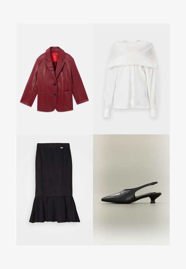 Rød faux læder blazer med notch krave, to forlommer og to sorte knapper. Foret med en kontrasterende rød inderside.; Hvid langærmet skjorte, bomuldsstof, knaplukning fortil, off-shoulder design med draperet ryg, glat tekstur, klassisk krave og manchetter.; MIKAGE SHIN MERMAID SLIT SKIRT - Pencil skirt - black; Sort læder slingback-sko med spids tå og lav kittenhæl på neutral baggrund.