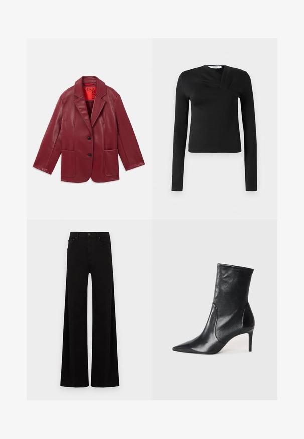 Rød faux læder blazer med notch krave, to forlommer og to sorte knapper. Foret med en kontrasterende rød inderside.; Sort langærmet top med en omslagsdesign, lavet af glat stof. Har en cropped længde og en V-formet udskæring. Ingen mønstre eller accenter.; Sort viddeben jeansbukser i denim med høj talje, forlommer og en enkel lukning med metal-knap.; Sorte ankelstøvler lavet af glat læder, med spids tå, tætsiddende skaft og en slank høj hæl. Minimalistisk design uden synligt hardware.