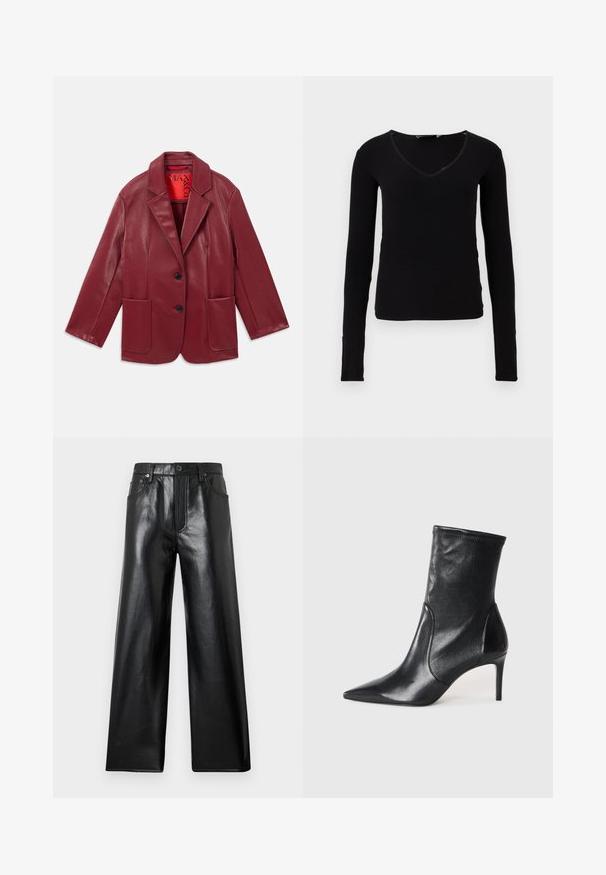 Rød faux læder blazer med notch krave, to forlommer og to sorte knapper. Foret med en kontrasterende rød inderside.; Sort langærmet top med V-hals, lavet af ribbet stof. Har et tætsiddende design og subtile stikninger ved halsudskæringen.; Sorte højtaljede vidde-benet bukser i kunstlæder med forreste knap, lynlåslukning samt for- og baglommer mod en lys grå baggrund.; Sorte ankelstøvler lavet af glat læder, med spids tå, tætsiddende skaft og en slank høj hæl. Minimalistisk design uden synligt hardware.