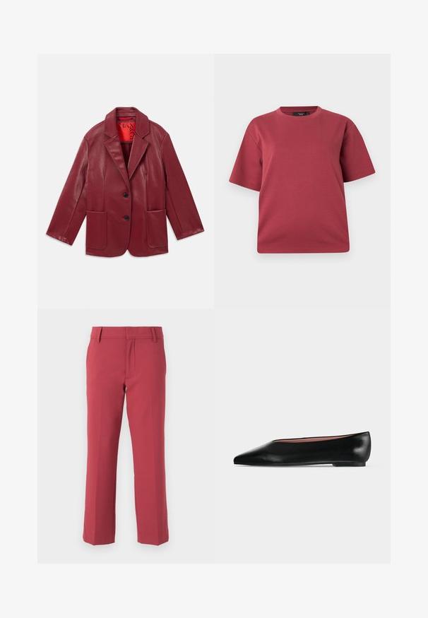 Blazer de imitación cuero rojo con solapas, dos bolsillos frontales y dos botones negros. Forrado con un interior rojo en contraste.; Camiseta de manga corta con cuello redondo en rosa polvoriento, de corte holgado, mostrada sobre un fondo blanco liso.; CLOSED SERANDON - Pantalones - cherry red; Zapato plano negro de cuero para mujer con punta puntiaguda y tacón bajo, mostrado de lado sobre un fondo liso gris claro.