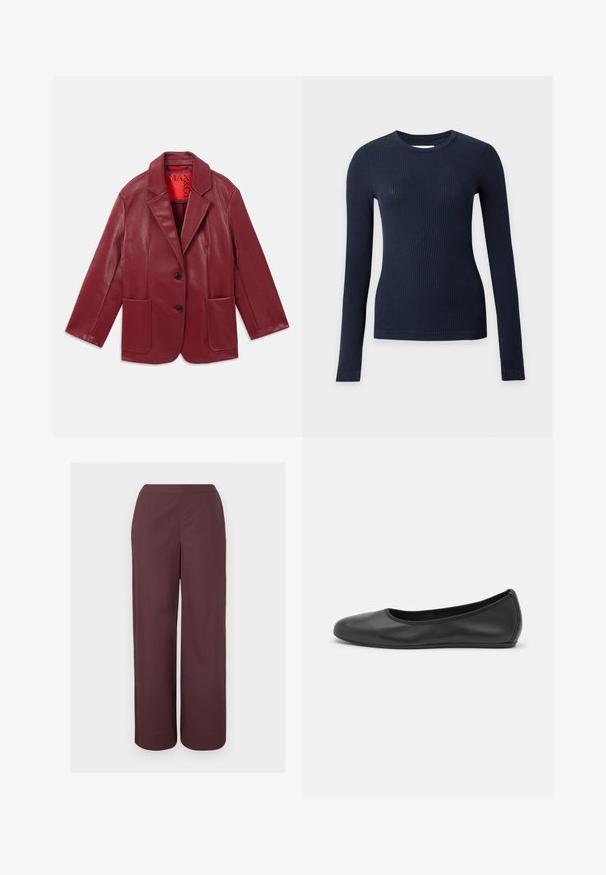 Rød faux læder blazer med notch krave, to forlommer og to sorte knapper. Foret med en kontrasterende rød inderside.; Marineblå ribstrikket tætsiddende sweater med lange ærmer og rund hals på en lysegrå baggrund.; Brune bredbenede bukser med høj talje, glat front og sidelommer, vist mod en ensartet lys baggrund.; Sort læderballetsko med rund tå, glat tekstur, minimal syning og et fleksibelt såldesign.