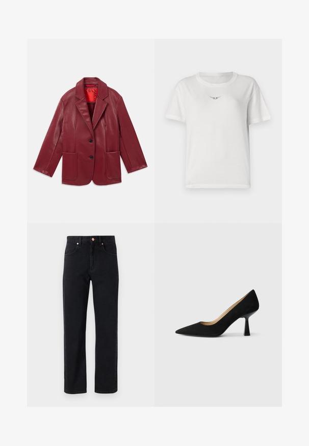 Rød faux læder blazer med notch krave, to forlommer og to sorte knapper. Foret med en kontrasterende rød inderside.; Hvid bomulds t-shirt med korte ærmer, der har et lille sort vinge-design på brystet og en klassisk rund halsudskæring.; Sorte denim jeans med lige ben, fem-lomme design, kobberknap detaljer og minimal syning synlig.; Sorte ruskinds højhælede pumps med spids tå, der har en blank sort blokhæl og en glat indvendig foring.
