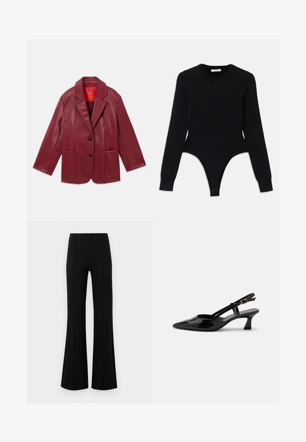 Rød faux læder blazer med notch krave, to forlommer og to sorte knapper. Foret med en kontrasterende rød inderside.; Sort langærmet bodysuit med rund halsudskæring, tætsiddende design og thong-lignende bund. Fremstillet af blødt, elastisk stof for komfort.; Sorte højtaljede flared bukser lavet af strækbart stof. Har vertikale sømdetaljer foran og en glat tekstur.; Sort laklæderslingback med lille hæl, spids tå og justerbar guldlåsrem på hvid baggrund.