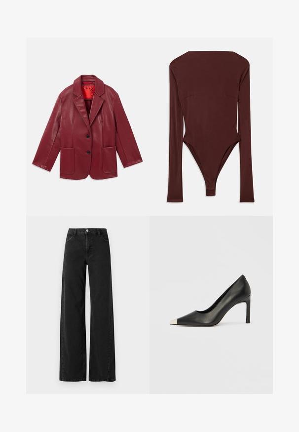 Rød faux læder blazer med notch krave, to forlommer og to sorte knapper. Foret med en kontrasterende rød inderside.; Mørkebrun langærmet bodystocking med høj halsudskæring og tætsiddende silhuet, lagt fladt på en hvid baggrund.; Bredde ben sorte denimjeans med høj talje, der har klassisk fem-lomme design og knaplukning. Glat tekstur og diskrete syninger.; Sort læder højhælet sko med spids tå og metal-sølv hætte. Har en glat finish og en slank hæl på 10 cm.