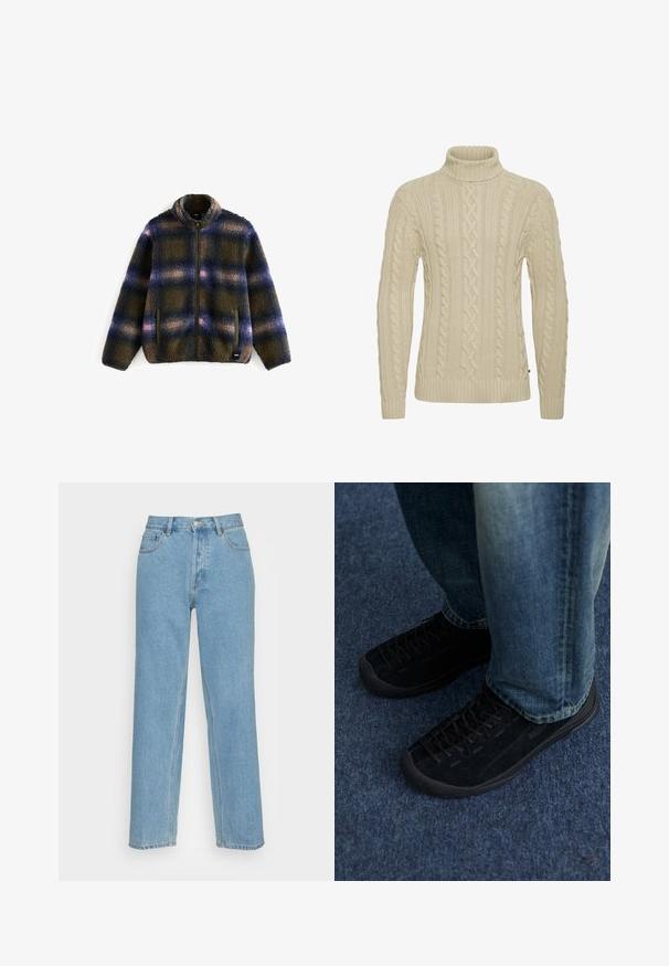 Veste en polaire à motifs plaid bleu marine, olive et beige ; avec un col haut, une fermeture éclair et deux poches latérales. Tissu doux et texturé.; Pull à col roulé en tricot torsadé de couleur crème, avec des manches longues et des poignets et un ourlet côtelés.; Jean droit bleu clair en denim, avec une coupe classique à cinq poches, une fermeture à bouton sur le devant et des détails de couture visibles.; Baskets en nubuck noir avec surface texturée, lacets discrets et semelles en caoutchouc durables, portées avec un jean en denim bleu.