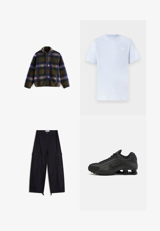 Veste en polaire à motifs plaid bleu marine, olive et beige ; avec un col haut, une fermeture éclair et deux poches latérales. Tissu doux et texturé.; T-shirt en coton bleu clair avec des manches courtes, col rond, et un logo Nike blanc imprimé sur la poitrine gauche. Texture lisse, design simple.; Pantalon cargo noir à jambes larges avec poches à rabat latérales, passants de ceinture et liens réglables à l'ourlet.; Baskets de course noires avec une tige en synthétique lisse, des accents perforés, des panneaux latéraux texturés et une semelle distincte et rebondissante.