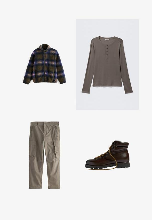 Veste en polaire à motifs plaid bleu marine, olive et beige ; avec un col haut, une fermeture éclair et deux poches latérales. Tissu doux et texturé.; Chemise henley grise à manches longues avec cinq boutons et encolure ronde, présentée sur un fond blanc uni.; Pantalon cargo kaki avec passants pour ceinture, poches avant zippées, poches latérales à boutons-pression et coupe droite.; Bottine de randonnée en cuir marron avec un bout arrondi, surface texturée, lacets jaunes et œillets en métal. Dotée d'une semelle en caoutchouc noir robuste.
