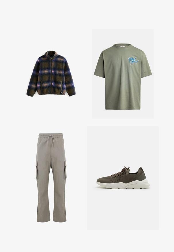 Fleecejakke i marineblå, olivengrøn og beige ternet mønster; har en høj krave, lynlås lukning og to sidelommer. Blødt, struktureret stof.; Oliven grøn bomulds t-shirt med korte ærmer, der har blåt grafisk tekst på venstre bryst i en drippende malingstil.; Lys grå cargo bukser med snøre i taljen, sidelommer og en afslappet pasform. Lavet af et glat, letvægtigt stof uden synlige mønstre.; Snøring sneaker i mørke olivengrøn mesh med en struktureret overflade, hvid gummisål og en kontrasterende mørk hælaccent.