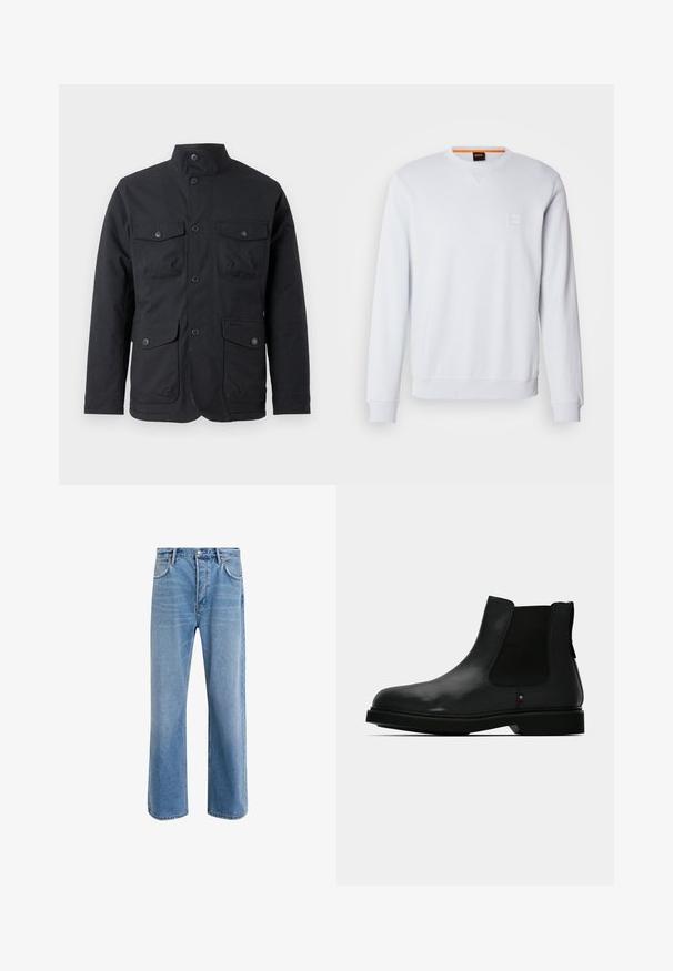 Barbour WINTER OGSTON WATERPROOF JACKET - Veekindel jope - black; Valge dressipluus pikkade varrukatega, ümmarguse kaeluse ja diskreetse logoga. Sile tekstuur ning soonikkoes mansetid ja alläär, et saavutada istuv välimus.; Heledad sinine teksapüksid otse lõikega, viie taskuga, nupuga sulgemine, minimaalne kulumine ja kontrastsed õmbluse detailid.; Must nahast Chelsea-saabas elastsete külgpaneelidega, ümmarguse ninaga ja tekstureeritud pealispinnaga. Omab lamedat kummist tallaga ja peenet brändi detaili.