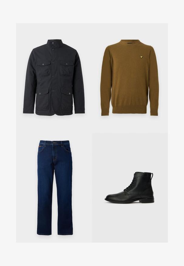 Barbour WINTER OGSTON WATERPROOF JACKET - Veekindel jope - black; Pruun pikkade varrukatega ümar-kaelusega kampsun soonikkoes mansettide ja äärega, vasakul rinnal väike kollane linnu logo.; Tumedast sinimustest denimist sirged püksid, ees taskud ja nööbid vööl. Omab kontrastset õmblust ning väikest brändi aktsenti vöökohtadel.; Mustad nahast pahkluu saapad, mis on ühtlase viimistlusega, ümarate varvastega, kuue paelasilmaga ja väikese tõmblukuga tagaküljel.