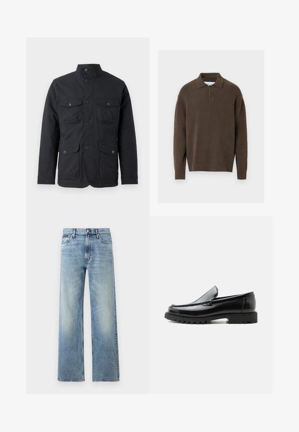 Barbour WINTER OGSTON WATERPROOF JACKET - Veekindel jope - black; Pruun kootud kampsun kraega, kahe nööbiga plastriga ning soonikkoes varrukate ja alläärega. Pehme tekstuur, lõõgastav istuvus.; Hele sinise värviga sirge säärega teksapüksid kõrge vöökohaga, viie taskuga, nööpidega kinnitatavad ja õrnade plekidega reite ja põlvede piirkonnas.; Mustast nahast loafers, millel on robustne kummist tald, õmmeldud pealne ja reljeefsete tähtedega brändinimi kannal, külgvaates valgel taustal.