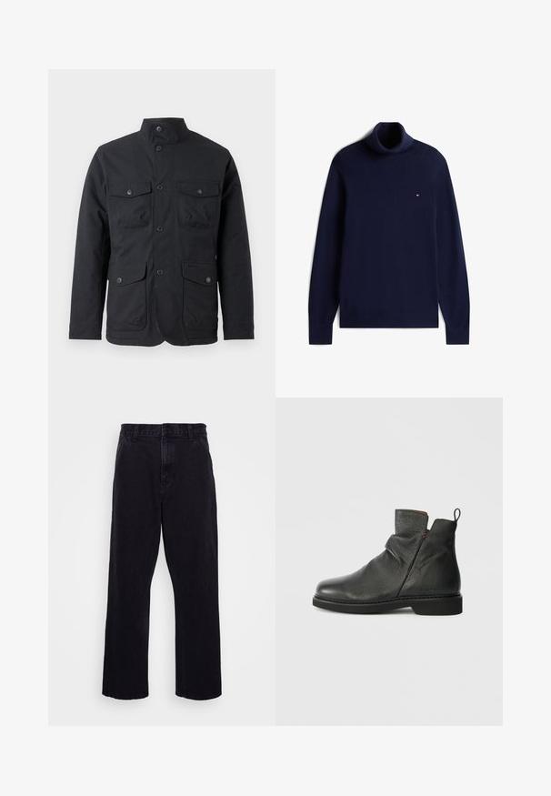 Barbour WINTER OGSTON WATERPROOF JACKET - Veste imperméable - black; Pull à col roulé bleu marine à manches longues avec un petit logo rouge, blanc et bleu sur la poitrine gauche.; Pantalons en denim noir avec une coupe droite, dotés d'une fermeture à bouton et à zip, de passants de ceinture et de coutures minimales.; Bottine en cuir noir à bout rond, au design froncé, avec une languette à l'arrière et une semelle en caoutchouc plate. Détails de couture minimalistes.