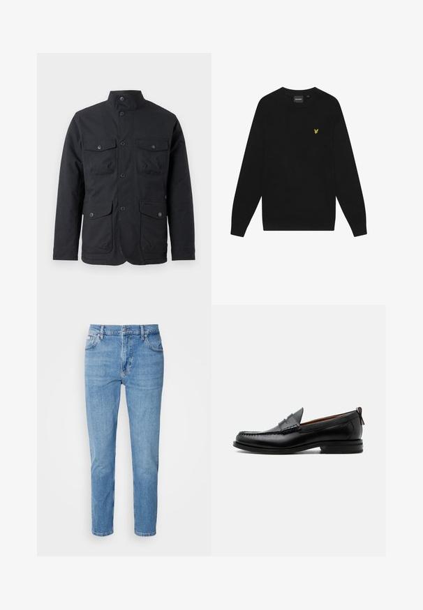 Barbour WINTER OGSTON WATERPROOF JACKET - Regenjas - black; Zwarte katoenen sweatshirt met lange mouwen en een ronde hals. Voorzien van een klein geel adelaarslogo op de borst. Zachte textuur.; Lichtblauwe denim jeans met een rechte pasvorm, vijf zakken en subtiele vervaging. Voorzien van een knoopsluiting en riemlussen.; Zwarte leren herensloffen met moc toe stiksel, pennyriem, gestructureerde kraag en lage gestapelde hak op witte achtergrond.
