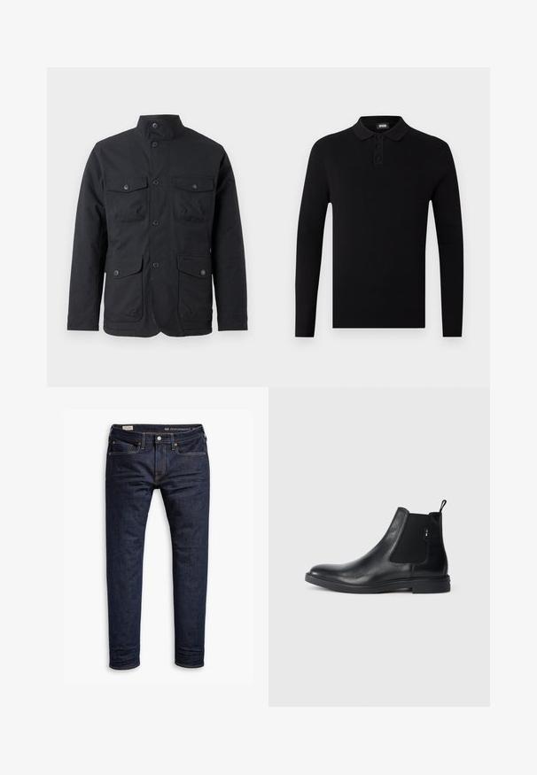 Barbour WINTER OGSTON WATERPROOF JACKET - Regenjas - black; Zwart poloshirt met lange mouwen van ribbelstof, drie-knoopsluiting en een zachte kraag. Eenvoudig en veelzijdig ontwerp.; Donkerblauwe denim jeans met een slim fit, uitgerust met oranje stiksels, een vijf-pocket ontwerp en metalen hardware. Glad materiaal, zonder patronen.; Zwarte leren Chelsea-boots met elastische zijpanelen, een treklipje en een vlakke rubberen zool. Gladde textuur met minimale details.