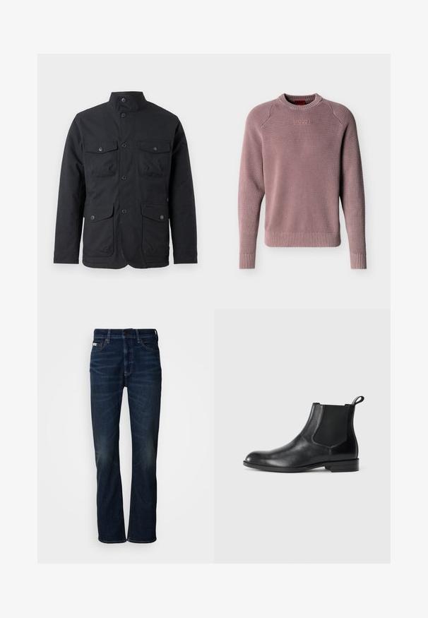 Barbour WINTER OGSTON WATERPROOF JACKET - Regenjacke / wasserabweisende Jacke - black; Staubrosa Strickpullover mit geripptem Rundhalsausschnitt, Bündchen und Saum, mit texturierter Webart und geprägt "HUGO" Logo auf der Brust.; Dunkelblaue Denim-Jeans mit geradem Bein, die dezente Ausbleichungen, einen Knopfverschluss und den klassischen Fünf-Taschen-Stil aufweisen.; Schwarze Leder-Stiefelette mit elastischen Seiteneinsätzen, abgerundeter Zehenpartie und einem Zugschlauf. Glatte Textur, flache Sohle, minimalistisches Design.
