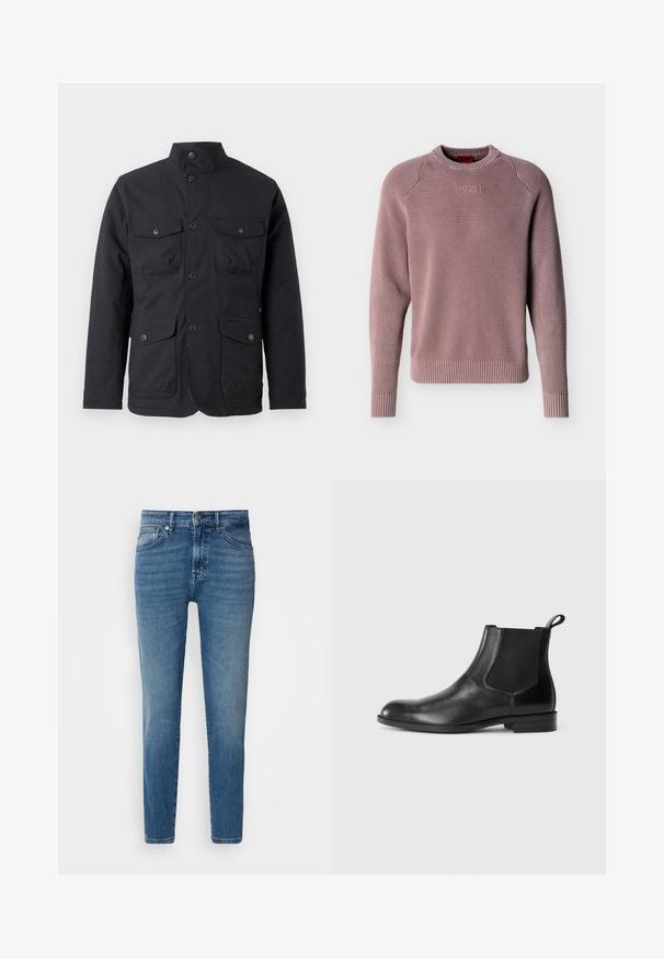 Barbour WINTER OGSTON WATERPROOF JACKET - Regenjacke / wasserabweisende Jacke - black; Staubrosa Strickpullover mit geripptem Rundhalsausschnitt, Bündchen und Saum, mit texturierter Webart und geprägt "HUGO" Logo auf der Brust.; Helle blaue Denim-Jeans mit geradem Schnitt, traditionellem Fünf-Taschen-Design, Metallknopfverschluss und dezentem Verblassen an der Vorderseite.; Schwarze Leder-Stiefelette mit elastischen Seiteneinsätzen, abgerundeter Zehenpartie und einem Zugschlauf. Glatte Textur, flache Sohle, minimalistisches Design.