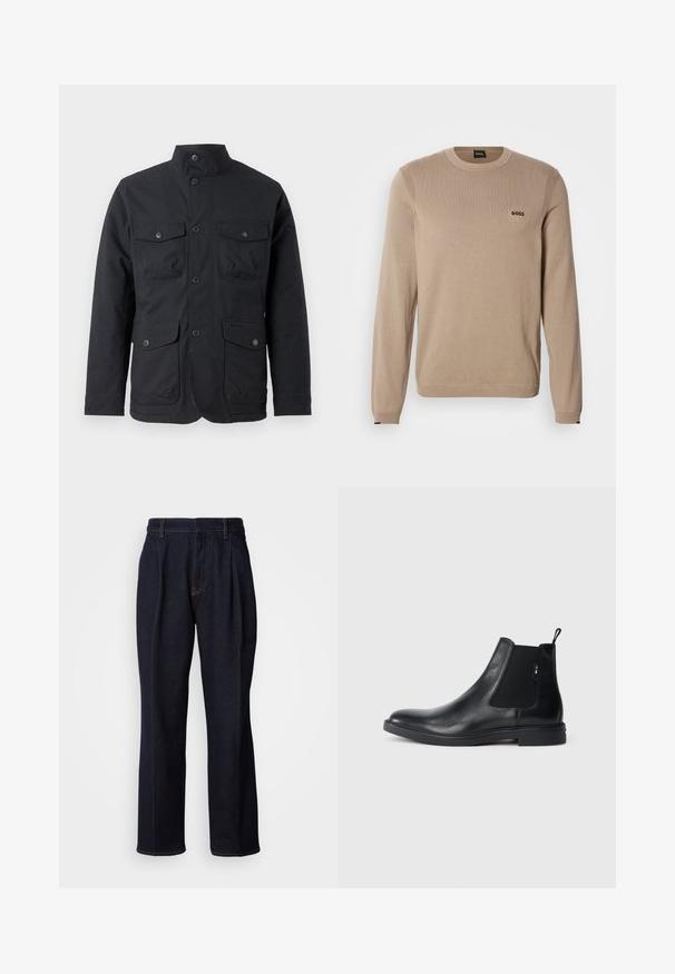 Barbour WINTER OGSTON WATERPROOF JACKET - Regenjacke / wasserabweisende Jacke - black; Beiger Strickpullover mit langen Ärmeln, rundem Ausschnitt, gerippten Details und kleinem schwarzem "BOSS"-Logo auf der Brust. Weiche Textur, klassischer Schnitt.; Dunkelblaue weit geschnittene Jeans mit vorderen Falten und orangen Nähten, auf weißem Hintergrund gezeigt.; Schwarze Leder Chelsea-Boots mit elastischen seitlichen Einsätzen, einer Zugschlaufe und einer flachen Gummisohle. Glatte Textur mit minimaler Ausgestaltung.