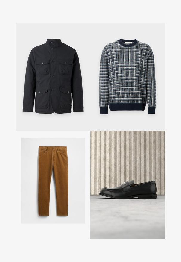 Barbour WINTER OGSTON WATERPROOF JACKET - Veekindel jope - black; Tumesinine ja kreemjas ruuduline kudum, millel on ribatud ümmargune kaelus ja varrukad, tekstureeritud kangas ning lõdva lõike disain.; Pruunid ridvlõikelised püksid sirge jala kujundusega, millel on viis taskut ja metallnupuga sulgur vöökohal. Tekstuuriga kangas.; Mustast nahast loafer metallist brändiplaadiga, mis asub pruunist ümarast lauast lähedal beežil vaibaga kaetud põrandal.