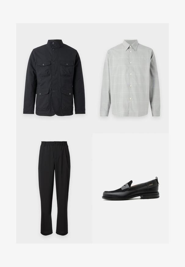 Barbour WINTER OGSTON WATERPROOF JACKET - Veekindel jope - black; Halli pika varrukaga särk, millel on hele ruuduline muster, nööpidega esiosa, terav krae ja sile kangatekstuur.; Mustad püksid elastse vöökohtaga, nööbikinnitusega ja sirge lõikega. Sile kangas, ilma nähtavate mustrite või aktsentideta.; Must nahast loafer halli rihma detailiga, madala kand ja tekstuurse tallaga, külgedel kuldse "HUGO" brändiga.