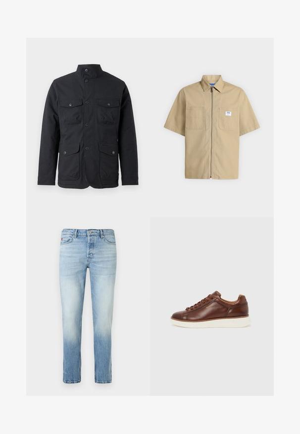 Barbour WINTER OGSTON WATERPROOF JACKET - Regenjas - black; Beige shirt met korte mouwen met een rits aan de voorkant, twee borstzakken en een klein wit logoplaatje op de rechterzak.; Lichtblauwe slim-fit jeans met vervaagde wassing, voorste knoop- en ritssluiting, en vijfzakken styling.; Bruine leren veter sneaker met witte rubberen zool, laag model en het "BOSS" logo ingebed aan de zijkant.