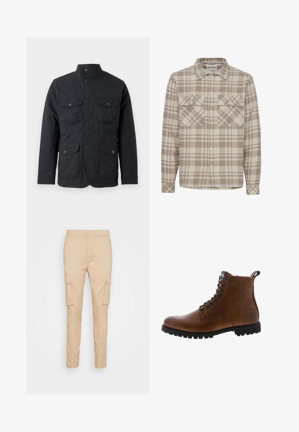 Barbour WINTER OGSTON WATERPROOF JACKET - Regenjas - black; Geruite flanellen overhemd in beige en bruine tinten. Bevat twee borstzakken, een knoopsluiting aan de voorkant en lange mouwen met een puntkraag.; Beige cargobroek met een elastische tailleband, twee zijzakken en twee zakken op de dijen, gemaakt van een soepele, lichte stof.; Bruine leren enkelbotten met een gestructureerde afwerking, metalen oogjes en een zwarte rubberen profielzool. Voorzien van een trekband aan de achterkant voor gemakkelijke instap.