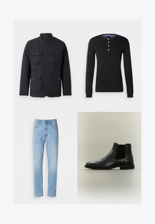 Barbour WINTER OGSTON WATERPROOF JACKET - Regenjacke / wasserabweisende Jacke - black; Schwarzes Langarmshirt aus weichem Stoff, mit Rundhalsausschnitt, Knopfblende mit weißen Knöpfen und eng anliegenden Manschetten.; Hellblaue Jeans mit geradem Schnitt, fünf Taschen und Gürtelschlaufen. Der Stoff hat eine glatte Textur mit einem leichten Verblassungseffekt.; Schwarzer Leder-Chelsea-Stiefel mit elastischem Seitenpanel und niedrigem Absatz, von der Außenseite auf neutralem Hintergrund gezeigt.