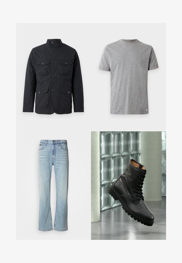 Barbour WINTER OGSTON WATERPROOF JACKET - Regenjacke / wasserabweisende Jacke - black; Graues T-Shirt mit kurzen Ärmeln aus weicher Baumwolle. Verfügt über einen runden Halsausschnitt mit kontrastierendem Besatz und einen geraden Saum am unteren Ende.; Hellblaue Jeans aus Denim mit geradem Bein, ausgestattet mit fünf Taschen, einem Knopfverschluss und subtilen Verwaschungen im Stoff.; Schwarzer Leder-Schnürkampfstiefel mit dicker Sohle, goldenem "HUGO"-Logo an der Seite, präsentiert in modernem Innenraum mit Glasbausteinwand im Hintergrund.