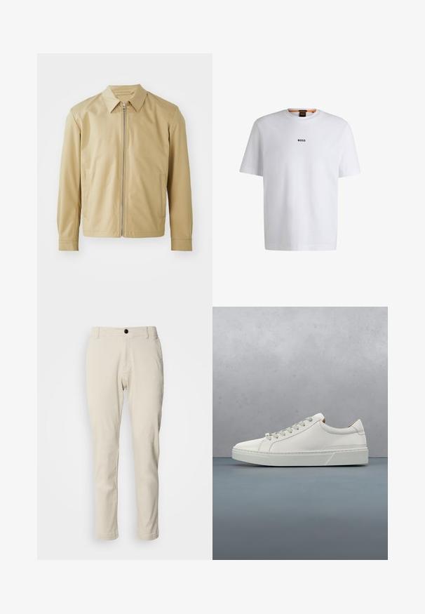 Chaqueta ligera beige con cuello tipo cazadora, cierre frontal de cremallera y dos bolsillos laterales. Textura suave y corte relajado.; Camiseta de algodón blanca de manga corta, con un logotipo negro "BOSS" centrado en el pecho y un diseño de cuello redondo.; Chinos beige con corte recto, hechos de suave tela de algodón, con cierre de cremallera y un único botón negro.; Zapatilla blanca de cuero con punta redondeada, diseño minimalista, cordones grises y suela de goma texturizada gris. Detalles de costura sutiles visibles.
