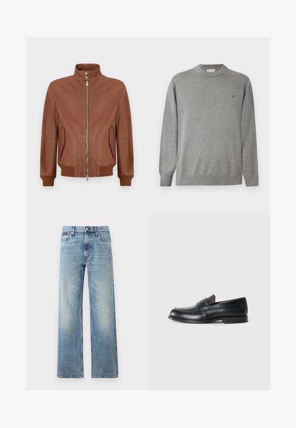 Chaqueta bomber de cuero marrón con cierre frontal de cremallera, cuello alzado con botón a presión, bolsillos laterales con solapa y puños y dobladillo acanalados.; Suéter de cuello redondo gris claro hecho de tejido de punto. Presenta puños y dobladillo acanalados, con un pequeño logo negro en el lado izquierdo del pecho.; Vaqueros de mezclilla azul claro de corte recto con cintura alta, cinco bolsillos, cierre de botón y sutil desgaste en los muslos y las rodillas.; Mocasines de cuero negro con punta redondeada, detalles cosidos y suela plana de goma. Presentan una banda ancha sobre el empeine.