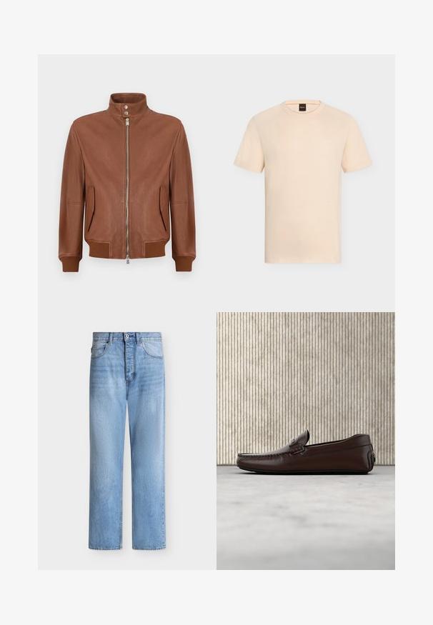 Chaqueta bomber de cuero marrón con cierre frontal de cremallera, cuello alzado con botón a presión, bolsillos laterales con solapa y puños y dobladillo acanalados.; Camiseta beige de manga corta y cuello redondo con logotipo sutil de “BOSS” en el pecho y etiqueta negra en el interior del cuello.; Vaqueros de denim azul claro de pierna recta con cierre de botón y cremallera, bolsillos delanteros y traseros, y presillas para cinturón en la cintura.; Mocasines de cuero marrón con un acabado suave, costura al estilo mocasín, puntera elevada y una suela de goma baja y flexible.