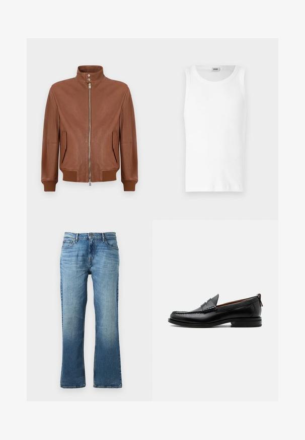 Braune Lederbomberjacke mit Frontreißverschluss, Stehkragen mit Druckknöpfen, seitlichen Klapptaschen sowie Rippbündchen und -saum.; Weißes Baumwoll-Tanktop ohne Ärmel mit Rundhalsausschnitt und glatter Textur. Einfaches Design, ohne Muster oder Akzente.; Helleblaue Jeans aus Denim mit geradem Bein, ausgestattet mit einer verwaschenen Optik, fünf Taschen und einem Knopfverschluss mit Metallbeschlägen.; Schwarzer Leder-Herrenschuh mit Mokassinnaht, Penny-Riemen, strukturiertem Kragen und niedrigem gestapeltem Absatz auf weißem Hintergrund.