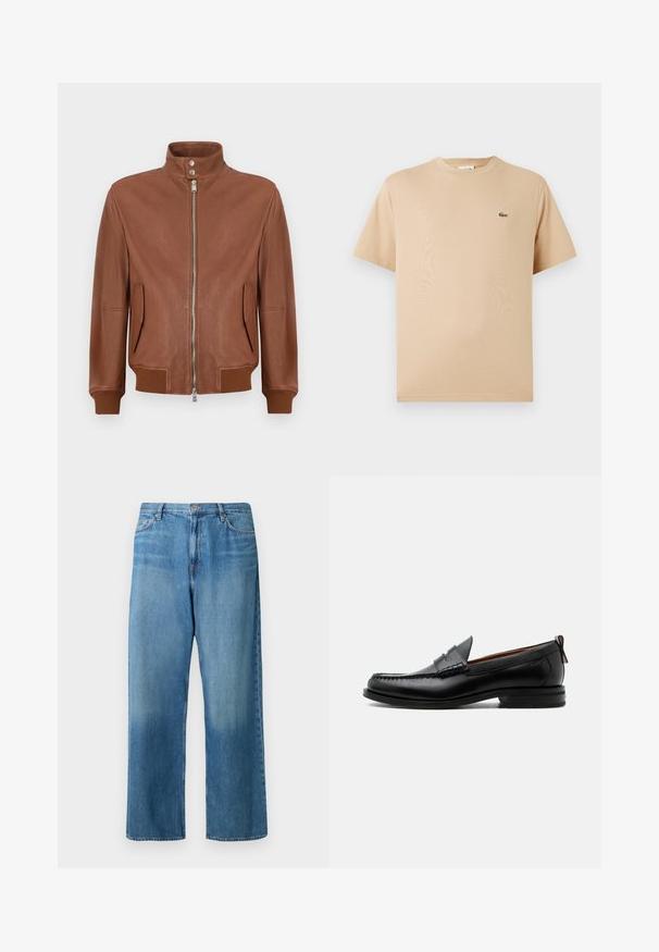 Chaqueta bomber de cuero marrón con cierre frontal de cremallera, cuello alzado con botón a presión, bolsillos laterales con solapa y puños y dobladillo acanalados.; Camiseta de algodón beige con cuello redondo y mangas cortas; presenta un pequeño logo de cocodrilo verde bordado en el lado izquierdo.; Vaqueros de pernera ancha en azul claro hechos de denim. Presentan una cintura de altura media, diseño de cinco bolsillos y un lavado desteñido con costuras visibles.; Mocasín de hombre de piel negra con costura moc toe, tira penny, cuello texturizado y tacón bajo apilado sobre fondo blanco.