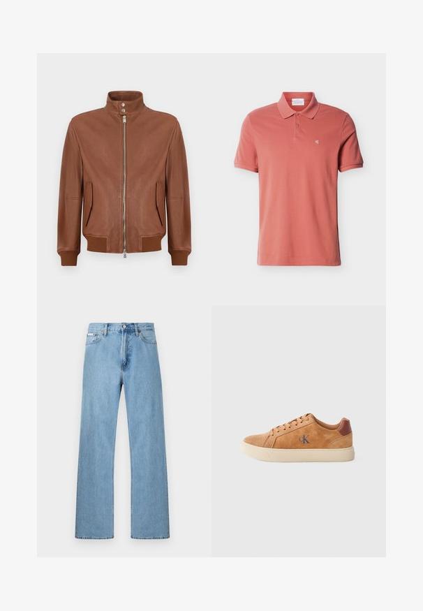 Chaqueta bomber de cuero marrón con cierre frontal de cremallera, cuello alzado con botón a presión, bolsillos laterales con solapa y puños y dobladillo acanalados.; Polo de hombre de manga corta en color rosa polvoriento con dos botones y pequeño logo blanco "cK" en el pecho izquierdo.; Vaqueros de mezclilla azul claro de pierna recta con diseño de cinco bolsillos y cierre de botón en la cintura, exhibidos sobre un fondo simple.; Zapatilla de ante color canela con suela de goma beige, con acentos marrones y un pequeño logo azul en el costado. Diseño clásico con cordones.