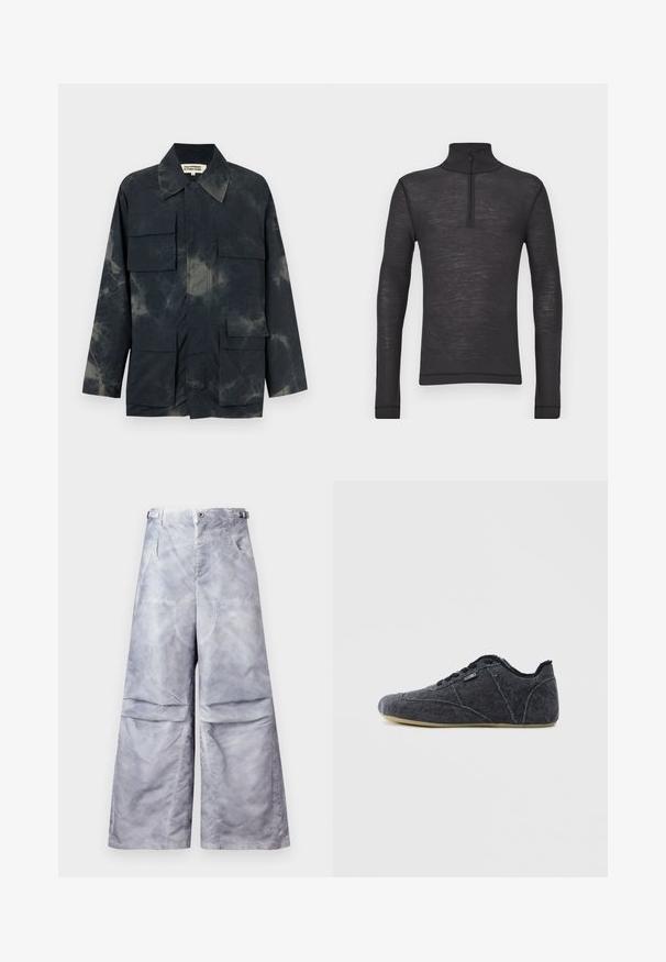 Veste sombre avec de grandes poches à rabat sur la poitrine et les hanches, motif subtil tie-dye, large col et une étiquette à l'intérieur du col.; Chandail noir à manches longues et col roulé en tissu texturé, avec une demi-fermeture éclair au niveau du col et des manches ajustées.; Pantalon gris clair à jambes larges avec poches avant, passants de ceinture et sangles latérales réglables, présenté sur un fond uni.; Chaussures décontractées en denim noir avec un bout rond, une surface texturée, des coutures contrastantes et une semelle en caoutchouc verte flexible. Conception à lacets sur le devant.