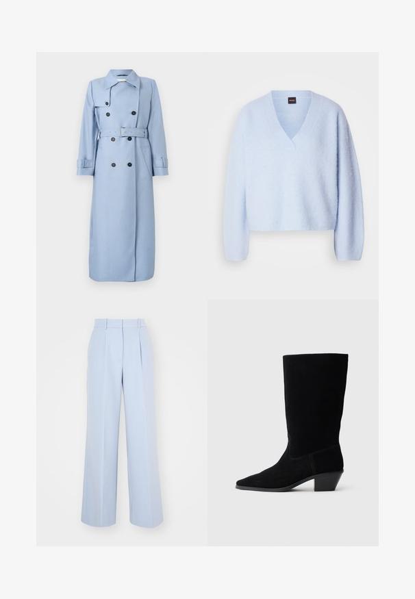 Lang, dobbeltbrystet lyseblå trench coat med sorte knapper, bælte ved taljen og krave, vist på en hvid baggrund.; Lys blå, cropped striktrøje med v-hals og lange ærmer, der har en blød tekstur og minimal sømdetaljering.; Lysblå vidde bukser med høj talje, der har plisseringer foran, lavet af et glat, vævet stof. Ingen synlig hardware.; Sort ruskind ankelstøvle med spidse tæer, mellemhøj skaft og en chunky hæl. Fuldender et minimalistisk design med lidt syninger og en glat tekstur.