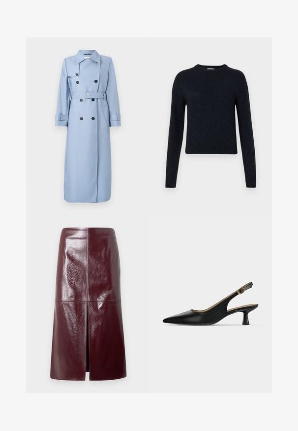 Langer, hellblauer, doppelt geknöpfter Trenchcoat mit schwarzen Knöpfen, Gürtel in der Taille und Kragen, auf einem weißen Hintergrund präsentiert.; Marineblauer Pullover aus weich gestricktem Stoff; mit Rundhalsausschnitt, langen Ärmeln und gerippten Bündchen und Saum.; Bordeauxroter Rock aus Kunstleder mit glänzendem Finish, knielang, mit einem Schlitz vorne und Nahtdetails. Glatte Textur und klare Linien.; Schwarzer Slingback-Schuh mit spitzer Kappe, niedrigem Absatz, goldener Schnallenschließe und ausgestelltem Absatz, präsentiert auf einem schlichten hellen Hintergrund.