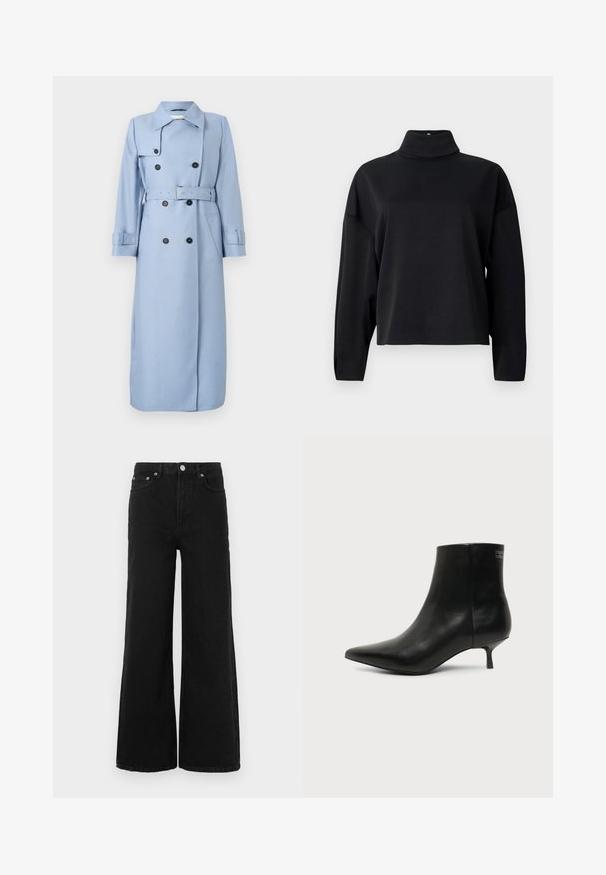 Trench coat largo de doble botonadura en color azul claro, con botones negros, cinturón en la cintura y cuello, exhibido sobre un fondo blanco.; Top negro de manga larga con cuello alto simulado, corte relajado, textura suave y costuras de hombro caídas. Sin patrones o adornos visibles.; Vaqueros negros de pierna ancha hechos de denim; cuentan con cintura alta, bolsillos delanteros y cierre de botón. Sin patrones o adornos visibles.; Botín de piel negra con puntera puntiaguda y tacón bajo estilo kitten sobre fondo claro, mostrando vista lateral exterior.