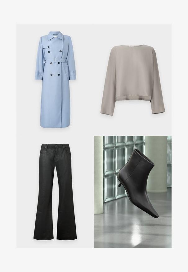 Lange lichtblauwe dubbelgeknoopte trenchcoat met zwarte knopen, riem op de taille en kraag, tentoongesteld op een witte achtergrond.; Lichtgrijs, cropped top met lange mouwen gemaakt van gladde stof. Voorzien van een ronde halslijn en subtiele zoomdetails.; Zwarte flare jeans van denim met een soepele textuur, standaard taille, vijf zakken en een knoopsluiting.; Zwarte leren enkellaars met puntige neus en lage hak, afgebeeld tegen een glazen blokkenmuur en gepolijste vloer op de achtergrond.