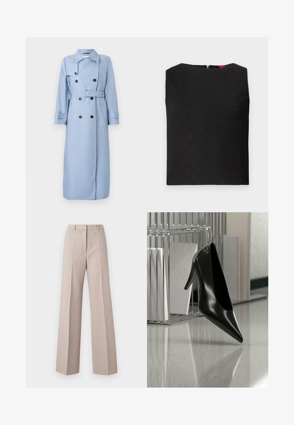Langer, hellblauer, doppelt geknöpfter Trenchcoat mit schwarzen Knöpfen, Gürtel in der Taille und Kragen, auf einem weißen Hintergrund präsentiert.; Schwarzes ärmelloses Top mit strukturiertem Muster, quadratischem Ausschnitt und einem Reißverschluss im Rücken. Merkmale von Logo- Akzenten, die subtil in den Stoff eingewebt sind.; Beige weit geschnittene Hosen aus einem glatten Stoff, mit hoher Taille, vorderen Falten und einer maßgeschneiderten Silhouette.; Schwarzer High-Heel-Schuh mit spitzer Zehe und goldem Logo, auf einer reflektierenden Oberfläche nahe einem verchromten Draht-Organizer mit Dokumenten positioniert.
