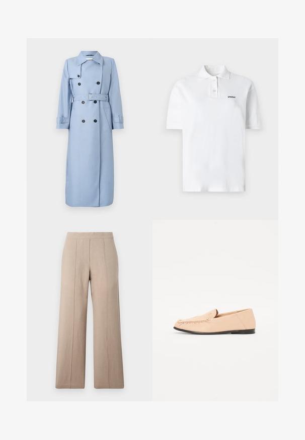 Langer, hellblauer, doppelt geknöpfter Trenchcoat mit schwarzen Knöpfen, Gürtel in der Taille und Kragen, auf einem weißen Hintergrund präsentiert.; Weißes Poloshirt aus Baumwolle, mit klassischem Kragen, drei Knöpfen und einem kleinen schwarzen Logo auf der linken Brust. Kurze Ärmel.; Beige weit geschnittene Hose aus leichtem Stoff, mit vorderen Falten, einem glatten Bund und geradem Schnitt mit sauberen Säumen.; Beige Lederloafers mit gestickten Details, einer flachen schwarzen Sohle und einer abgerundeten Zehe. Minimalistisches Design ohne auffällige Hardware oder Akzente.