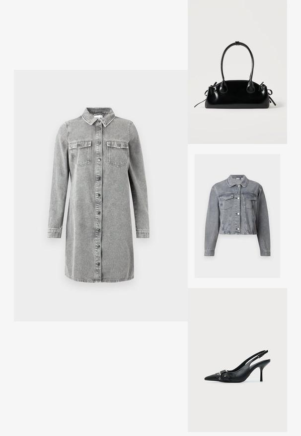 Veste en denim grise courte avec manches longues, devant boutonné et deux poches à rabat sur la poitrine, sur fond blanc.; Robe chemise en jean gris avec col, manches longues, fermeture à boutons sur le devant et deux poches poitrine. Présente une coupe décontractée et droite.; Escarpin slingback à talon haut en cuir noir avec bout pointu, boucle et détail de bride œillet à l'avant.; Petit sac à main noir brillant avec deux longues anses et des détails à cordon sur les côtés sur un fond clair uni.