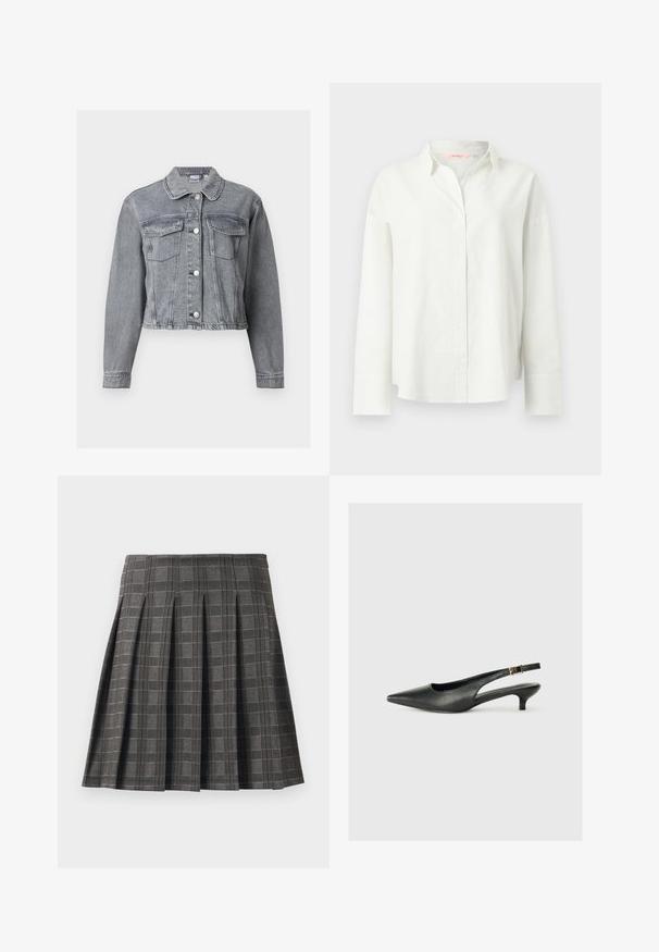 Veste en denim grise courte avec manches longues, devant boutonné et deux poches à rabat sur la poitrine, sur fond blanc.; Chemise blanche à manches longues avec boutonnière, texture subtile à côtes verticales et larges poignets, dotée d'un col classique et d'une coupe décontractée.; Jupe plissée à motif écossais gris, fabriquée à partir d'un tissu texturé. Elle présente des plis verticaux et un ourlet droit.; Chaussure slingback noire à bout pointu en cuir lisse. Présente un talon fin et un détail de boucle sur la sangle réglable.