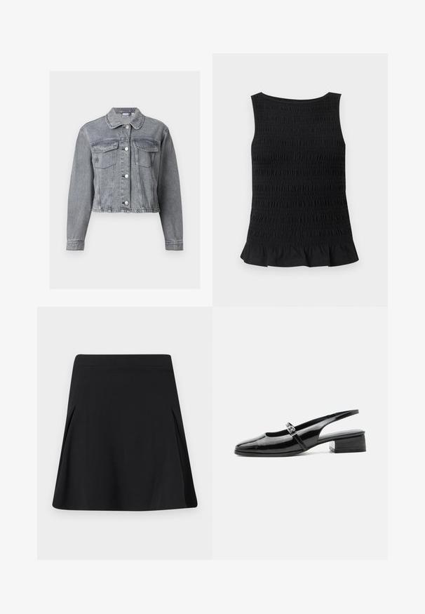 Veste en denim grise courte avec manches longues, devant boutonné et deux poches à rabat sur la poitrine, sur fond blanc.; Haut noir sans manches avec une texture smockée et un ourlet à volants, conçu pour une silhouette ajustée.; Jupe noire trapèze avec de légers plis sur les côtés, ceinture plate et texture de tissu lisse.; Chaussure slingback en cuir verni noir avec un petit talon bloc et une fine bride avec une boucle argentée sur le dessus.