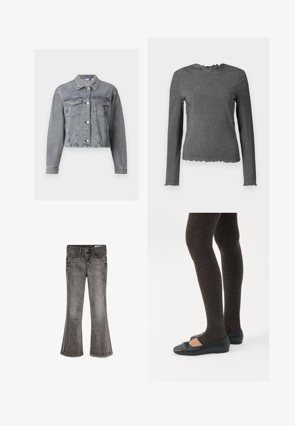 Veste en denim grise courte avec manches longues, devant boutonné et deux poches à rabat sur la poitrine, sur fond blanc.; Haut en tricot côtelé à manches longues, gris foncé, avec des bords à motif laitue aux poignets, au col et à l'ourlet.; Jean évasé en denim noir délavé avec une légère brillance. Dispose de cinq poches et de coutures contrastantes le long des bords.; Jambes portant des leggings côtelés foncés associés à des ballerines noires avec de petits détails en nœud sur fond blanc.